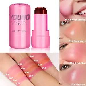 YOUNG VISION Jelly Blush & Lip Tint 4-Piece Set - 2-in-1 Cheek & Lip Color Stick for Contouring Blush in BordeauxBerry MelonCoral ScarletRed PetalPink
