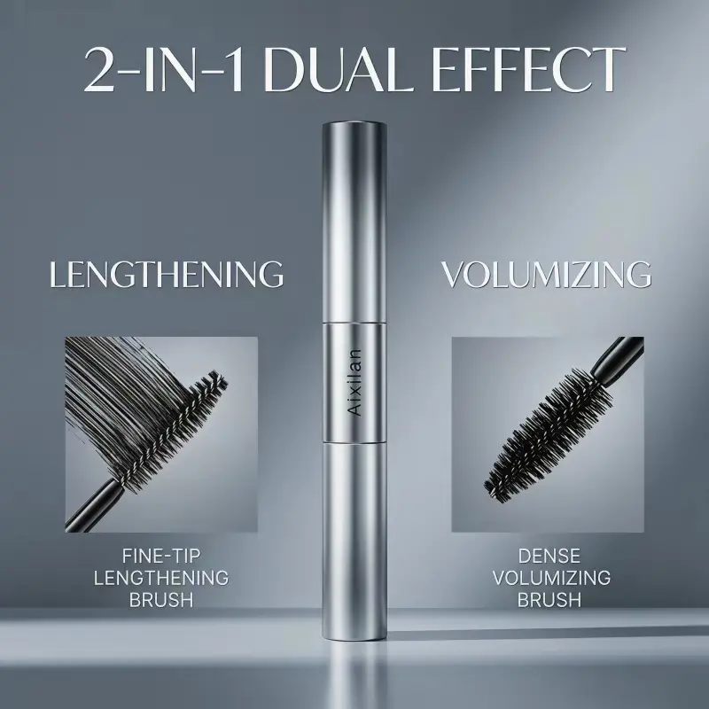 Aixilan 2-in-1 Waterproof Mascara - 24H Long-Lasting, Extreme Length, Volume & Curl, Smudge-Proof, Gentle Glitter Mascara (Single Tube)