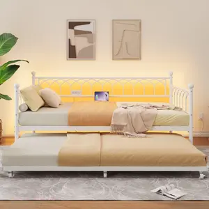 Garvee Twin Size Daybed with Trundle and Heavy Duty Metal Frame, Featuring Charging Station and LED Lights, Space-Saving Sofa Bed for Small Spaces in White, Black, Pink, and Gold