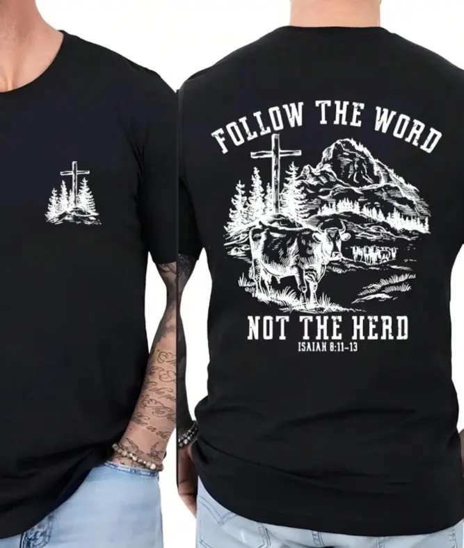 Fun Printed T-Shirt,Faith Follow The Word Not The Herd T-Shirt Unisex – Double-Sided Christian Graphic Tee With Cross, Cow & Mountain Design