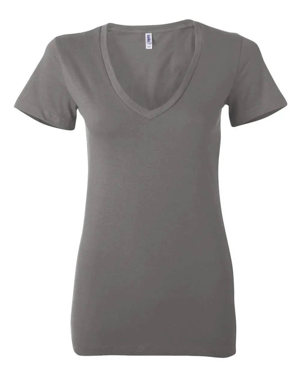 Bella+Canvas Women's Smooth 100% Combed Cotton T-Shirt - Asphalt Gray, Casual Shortsleeve Deep V-Neck Everyday Top with Flattering Fit
