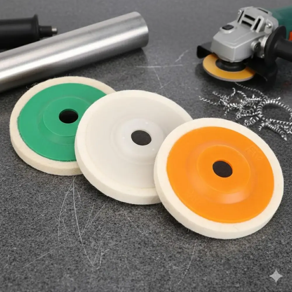 4-Inch Wool Polishing Buffing Wheel for Angle Grinder Ultra Fine White Medium Orange Coarse Green Felt Pads High Gloss Finish on Metal Wood Plastic Durable Easy Install DIY Professional Multifunctional