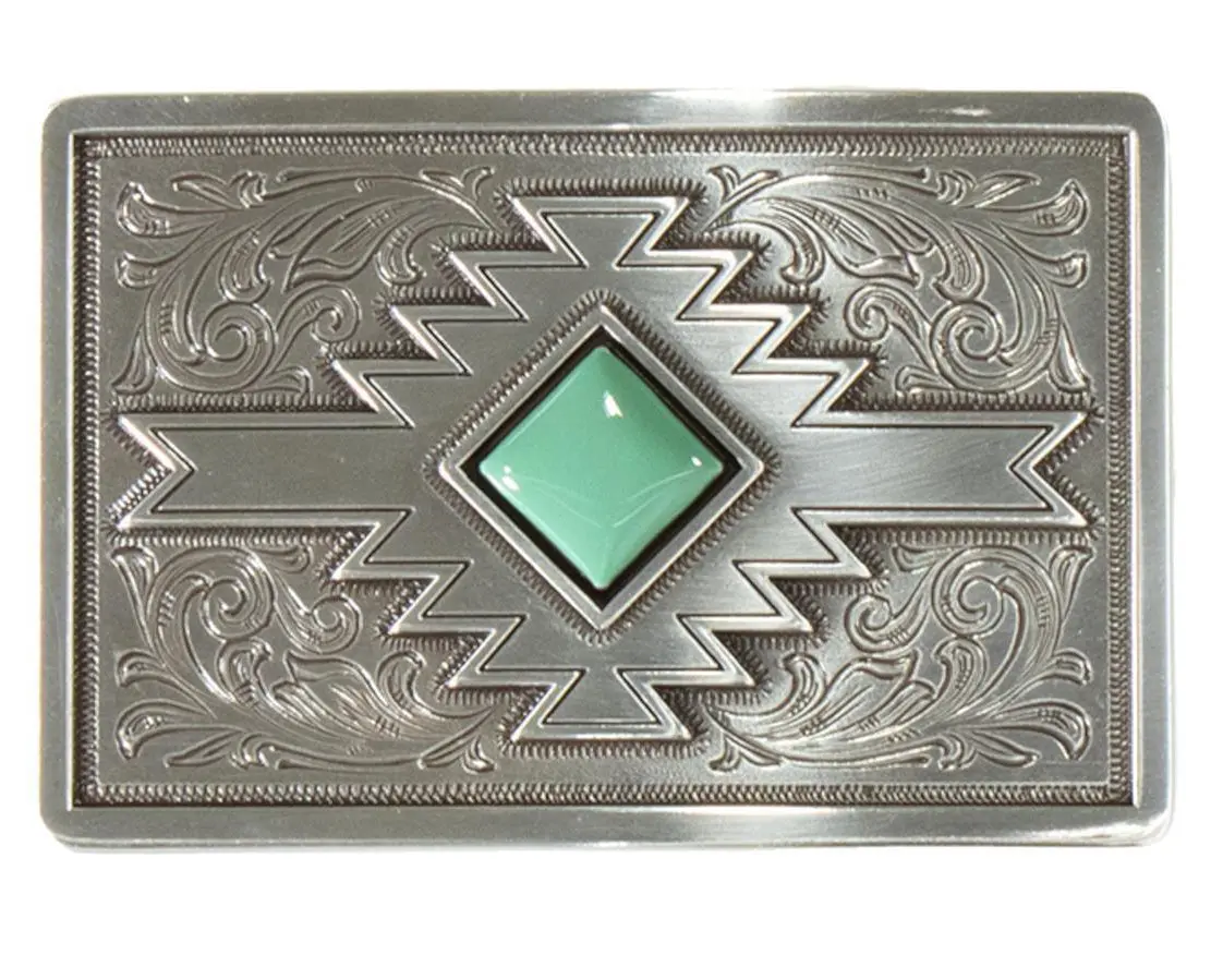 Blazin Roxx Turquoise Western Style Belt Buckle - 1.5 Inches Durable Metal Engraved Silver Rectangle, Aztec Geo Scroll Design, Waist Belt Accessory for Concerts, Daily Wear