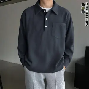 Men's Solid Color Half-Button Collared Shirt, Retro Streetwear Knit Long Sleeve Pullover with Chest Pocket, Breathable for Spring/Fall Commute, Office & Outdoor