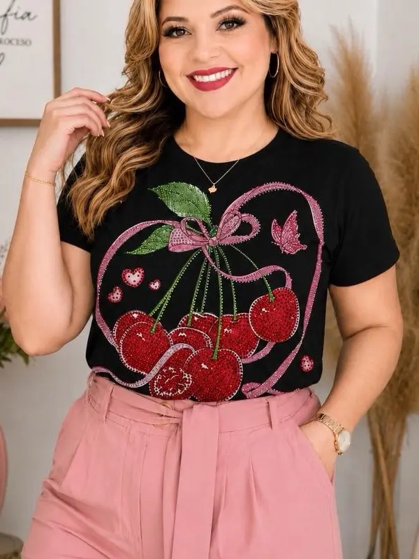 AE ALMA EDELIA'S DISEÑOS A TU ESTILO Women's Cherry Sweetheart-Themed Rhinestone Short-Sleeve T-Shirt, Spandex Fabric Womenswear Top, Style #23130