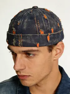 Distressed Denim Docker Cap | Vintage Orange Stitch Miki Hat | Streetwear Brimless Beanie for Men Vintage Plaid Snapback Adjustable Hat