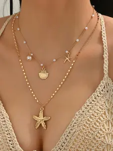 Women's Faux Pearl Necklace & Pendant Set, Handmade Ocean Life Charm Jewelry, Adjustable Length, Perfect for Daily Wear