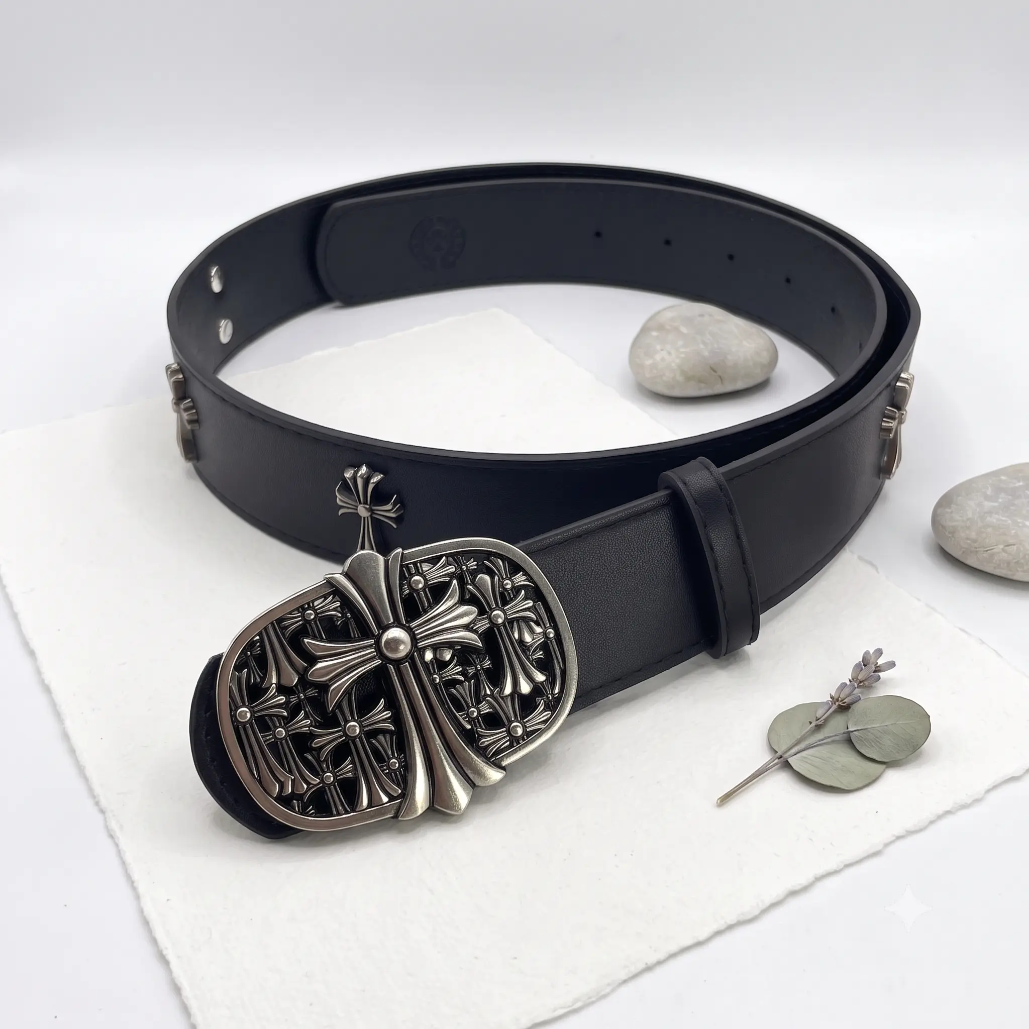 Vintage Black PU Leather Belt, Adjustable Waist Belt with Ornate Antique Silver Buckle and Decorative Metal Accents