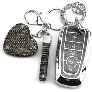 New Upgrade Key Fob Cover with Diamond Keychain for Women, Car Key Holder Compatible with Ford Explorer Fusion Edge Expedition F150 F250 F350 F450 F550 Maverick Mustang, 5 Buttons (Black-Heart)
