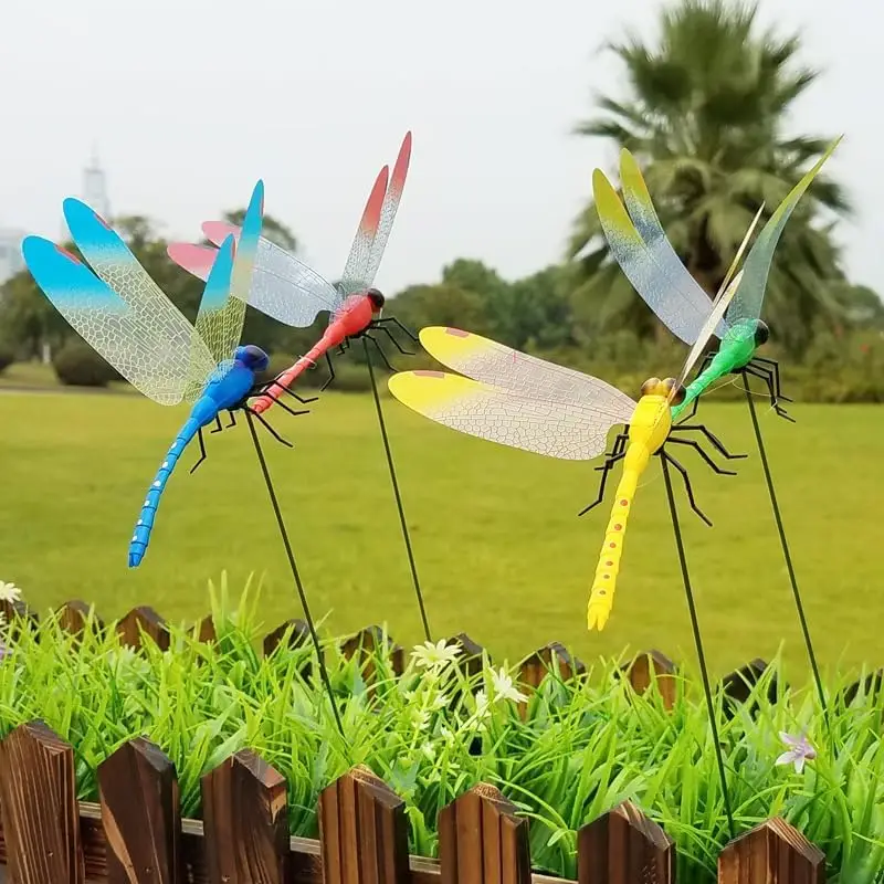 4PCS Dragonfly Clip,3D Dragonfly Garden Stakes Decor,Fly Deterrent, Dragonfly Humming Bird Stakes,Deer and Horse Fly Deterrent,Garden Bird and Fly Sc