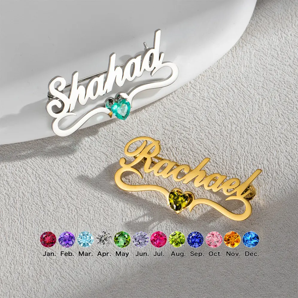 Elegant Brooch Pin, Personalized Heart-Shaped Stainless Steel Decor Pin with Custom Name and Birthstone, Gift for Men and Women, Brooch Pin Clip