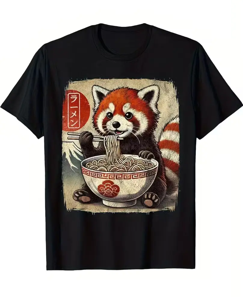 Cute Red Panda Eating Ramen Vintage Japanese Kanji Print Crewneck Tshirt Foodie Gift For Men Women Daily Streetwear