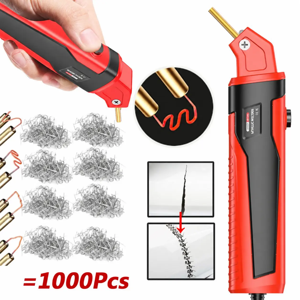 Car Bumper Repair Kit, Mini Plastic Welder with 1000Pcs Stainless Welding Nails, 110V Hot Stapler Tool for Bumper, Dashboard and Plastic Cracks