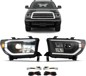 HECASA Projector Headlights Pair Compatible with 07-13 Toyota Tundra & 08-17 Sequoia, Front Lighting Headlamps w/C-Shape LED Tube Replacement for TO2503171 TO2502171, Clear Lens+Black Housing