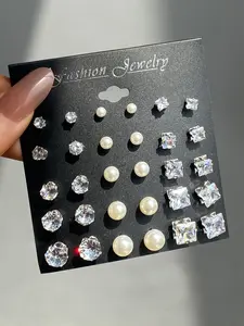 Elegant Fashionable Round Square Rhinestone Zircon Sparkling Zirconia Earrings Set, Pearl Ear Studs Combination Pack, Versatile Simple Daily Wear, Minimalist Earrings