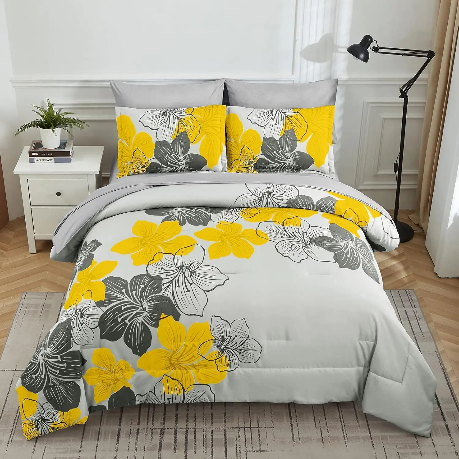 7 Pieces Yellow Floral Bedding Quilt Set, Light Grey Queen King Size Comforter and Sheet Set, Soft Microfiber Complete Bedding Sets for All Season