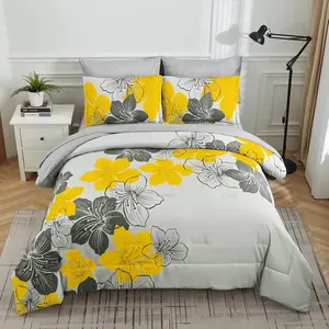 7 Pieces Yellow Floral Bedding Quilt Set, Light Grey Queen King Size Comforter and Sheet Set, Soft Microfiber Complete Bedding Sets for All Season