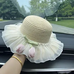 Baby hat, children's summer woven grass hat, forest flower bud princess hat, girls' lace sun protection hat