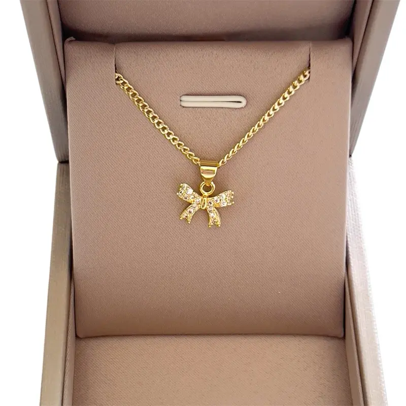 Gold Plated Fashion Bow Necklace - Small Bow Pendant Necklace with Chain