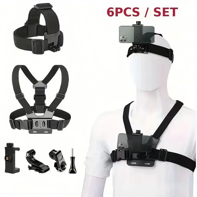 6-in-1 chest phone mount kit for sports & action cameras, adjustable harness strap for phone/Osmo Action, includes camera accessories & device mount, hands-free POV shooting for vlogging, cycling, hiking