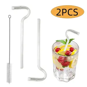 Curved Glass Straw Kit 2PCS Unique "?" Shape See-Through Reusable Drinking Straws with Cleaning Brush for Stylish Drinkware