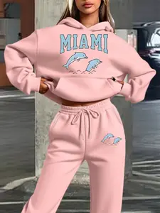 Women's Miami Dolphins Fitted Hoodie Set, Casual Long Sweatpants, Fall & Winter Print, Comfortable Daily Wear