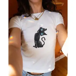 Unisex Cute Black Cat Graphic Tee, Coraline Cat Print Baby Tee, Y2K Streetwear Casual Top, Soft Breathable Cotton, Slim Fit for Daily Wear, Cute Aesthetic Outfit, Cartoon Cat Lover Shirt for Women