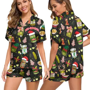 Women’s Christmas Pickle Pajamas Set – Funny “Dill-lightful” Holiday Print Short Sleeve & Shorts Sleepwear, Soft Satin Button-Down Lounge Set for Women
