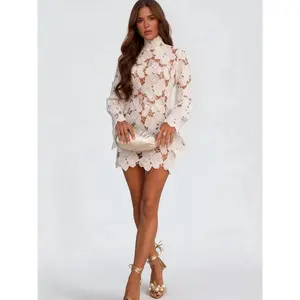 Romantic Floral Lace Mini Dress with Intricate All-Over Lace Glamorous Flare Bell Sleeves & High-Neck Cut-Out A-Line Silhouette for Bohemian Summer Outfits weddingguestdress