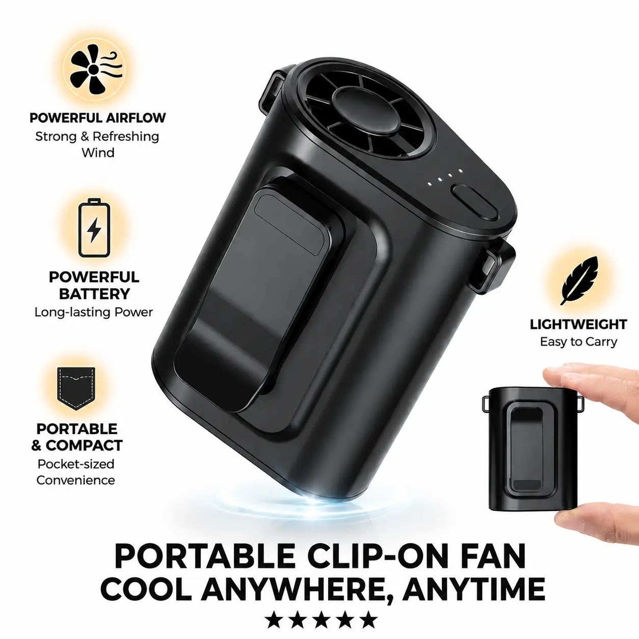 Portable Waist Fan, 5000mAh Rechargeable Wearable Belt Clip Fan, 4-Speed 6600RPM Personal Cooling Fan, Shirt Fan for Construction Workers, Farm Work, Warehouse, Travel & Outdoor Activities