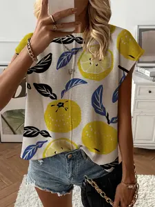 Spring Summer Women's Knit Top, Round Neck Shoulder Straps Loose Fit, Lemon Print Short Sleeve, Casual Elegant Commuter Wear, Womenswear