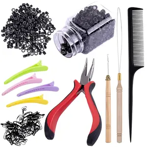 Hair Extensions Kit 500 Pcs Black Micro Ring Beads 1 Hair Extension Plier 2 Hook Needle Pulling Loop 4 Plastic Alligator Hair Clips 1 Comb and 2 Bags Black Mini Rubber Hair Elastic