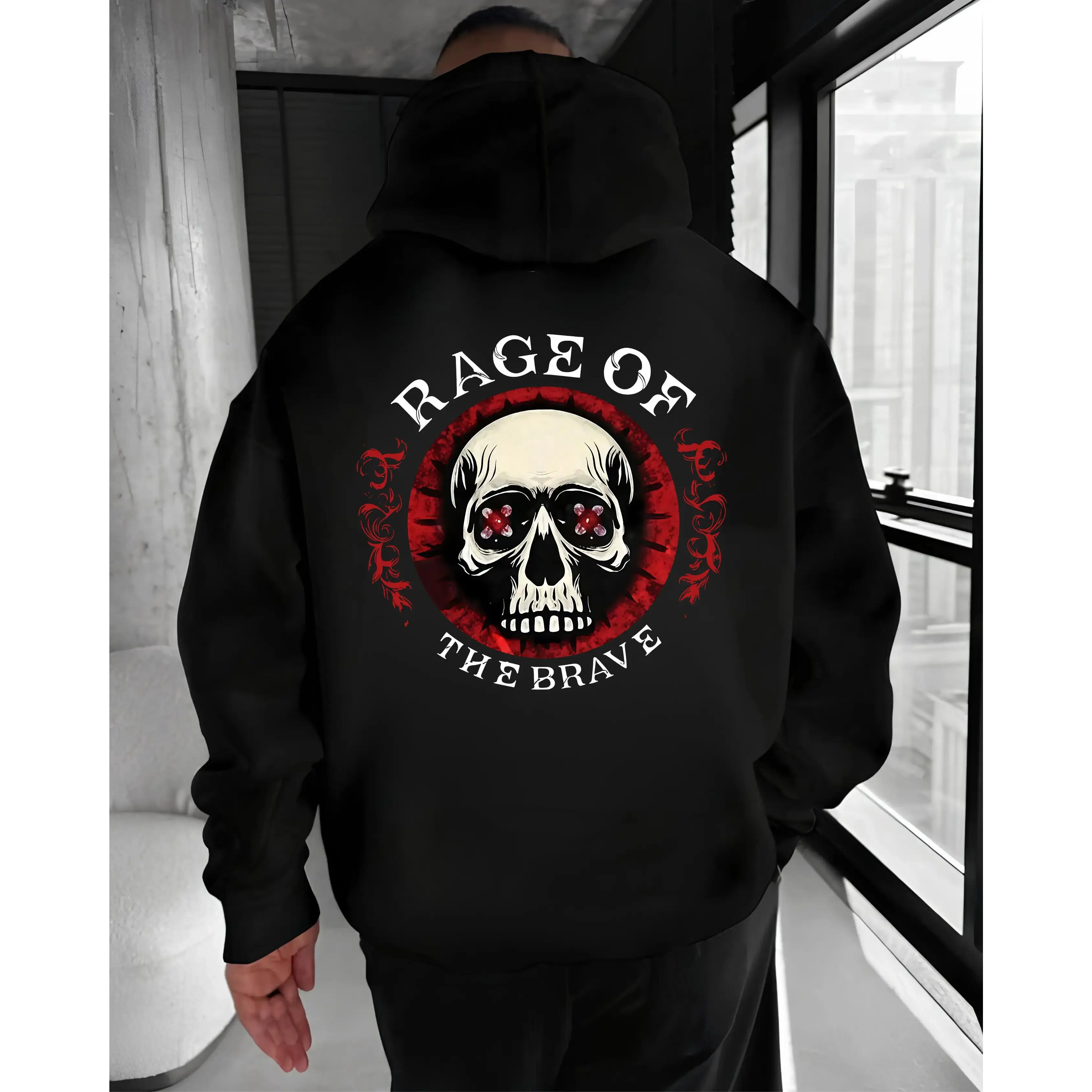 Rage of the Brave Graphic Hoodie, Gothic Skull Warrior Pullover for Men, Warm Unisex Cotton Blend Fabric Apparel, Tops, Menswear, Casual, Long Sleeve, Breathable, Warmth, Slim-Fit, Bold Art Graphic Men's Hoodies