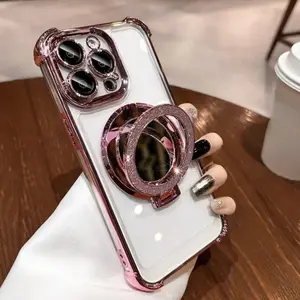 Four-corner protective phone case with mirrored stand accessory, available in multiple color options. Compatible with iPhone 17 Pro Max/iPhone 16, 15, 14, 13, 12, 11 Pro Max series models. Suitable for Samsung S26, S25, S24, S23, S22 series models.