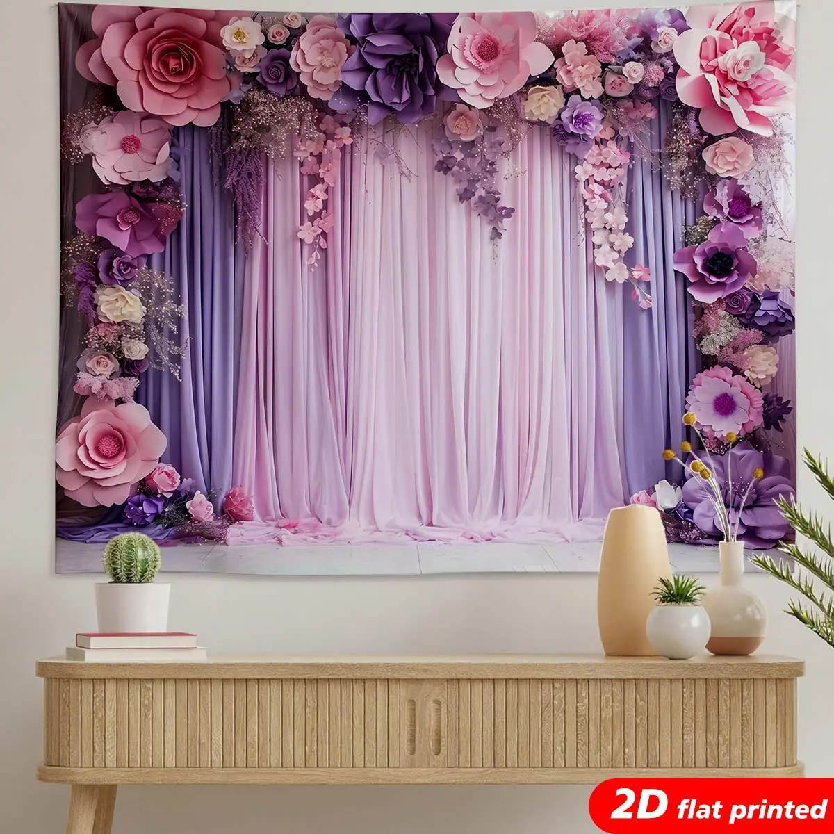 Polyester Floral 2D Flat Printed Purple-Pink Hydrangea Tapestry - Romantic Wrinkle Resistant Wall Decor, Bridal Shower Photo Backdrop, Aesthetic Room Gift (Flowers-Integrated Design, Machine Safe)