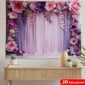 2D Flat Printed Purple-Pink Hydrangea Floral Tapestry, Decorative Romantic Home Decor Wall Hanging Curtain, Wedding Photo Backdrop, Aesthetic Room Gift