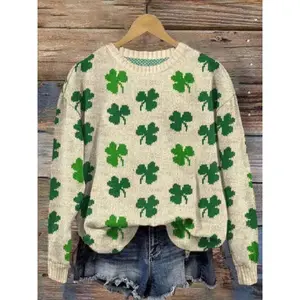 Women's Leaf Print Drop Shoulder Sweater, Casual Long Sleeve Round Neck Jumper for Daily Outdoor Wear, Women's Knit Top for Fall & Winter