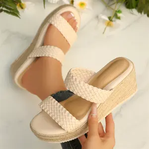 Women's Open Toe Wedge Double Strap andals Slip On Mule Slipper Weave Slides Low Heel Shoes