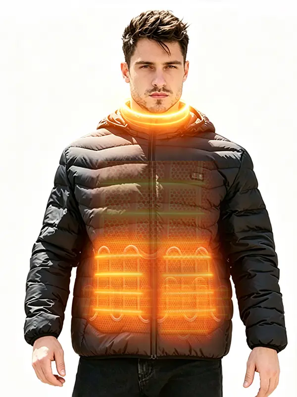 HEWINZE Men's Classic Nylon Shell Heated Medium Coat with Detachable Hood, 7.4V 10000mAh Battery, Waterproof, 5 Heating Zones, Front-Back Independent Dual Controls, 3 Adjustable Heat Settings, Winter Outdoor Male Jacket
