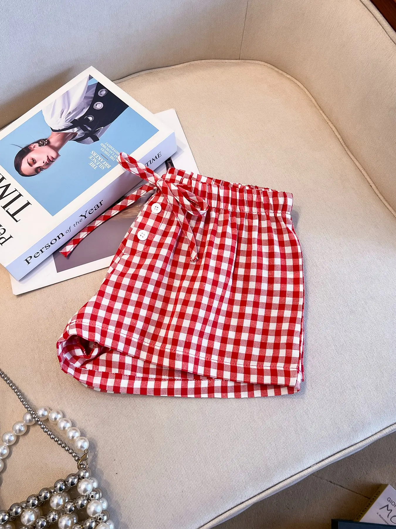 Y2K Vintage Red Gingham Casual Adjustable Drawstring Loose Shorts Soft Comfy Loungewear Bottoms for Home Sleepwear and Daily Wear
