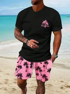 Two-Piece Set Men's Palm Tree Print Short Sleeve Tee & Shorts Set, Regular Fit Casual Round Neck T-shirt & Shorts, Men's Summer Clothes for Beach Vacation