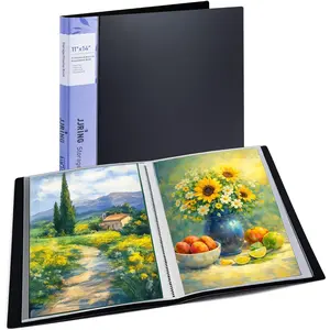 11x14 Art Portfolio Folder with Plastic Sleeves, 24-Pocket Portfolio Binder Displaying 48 Pages, Presentation Book with Black Inner Paper for Artwork Storage, Black