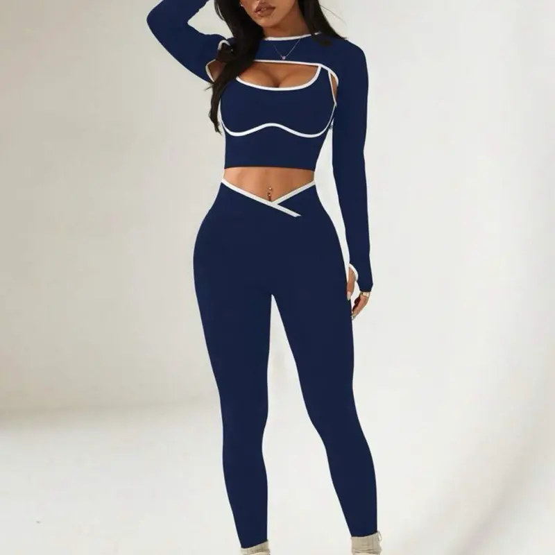 3pcs Women Seamless Ribbed Sports Set, Long Sleeve Shawl Collar Top, Contrast Color Tank, High Waist Tight Legging Workout Set