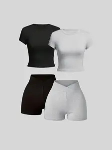 Basic Round Neck Solid Color Short Sleeve T-Shirt Cross Waist Tight Shorts Two Piece Set, Casual Summer for Women