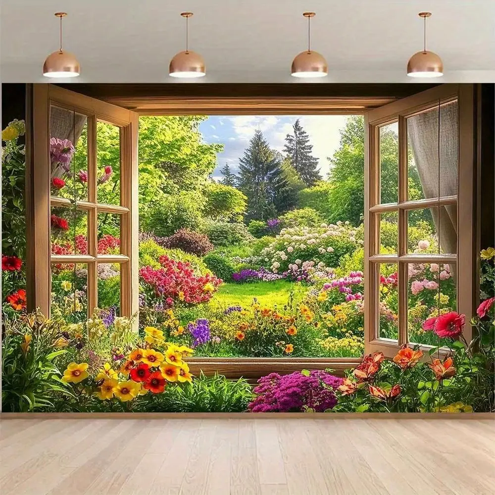 Polyester Multi-Size Window Garden Wall Mural Print - Room Decor, Realistic 2D-3D Flat Large Window View with Green Foliage, Blooming Flowers, Open Shutters, Vibrant Spring Scene for Photo Booth, Wedding Events Backdrop