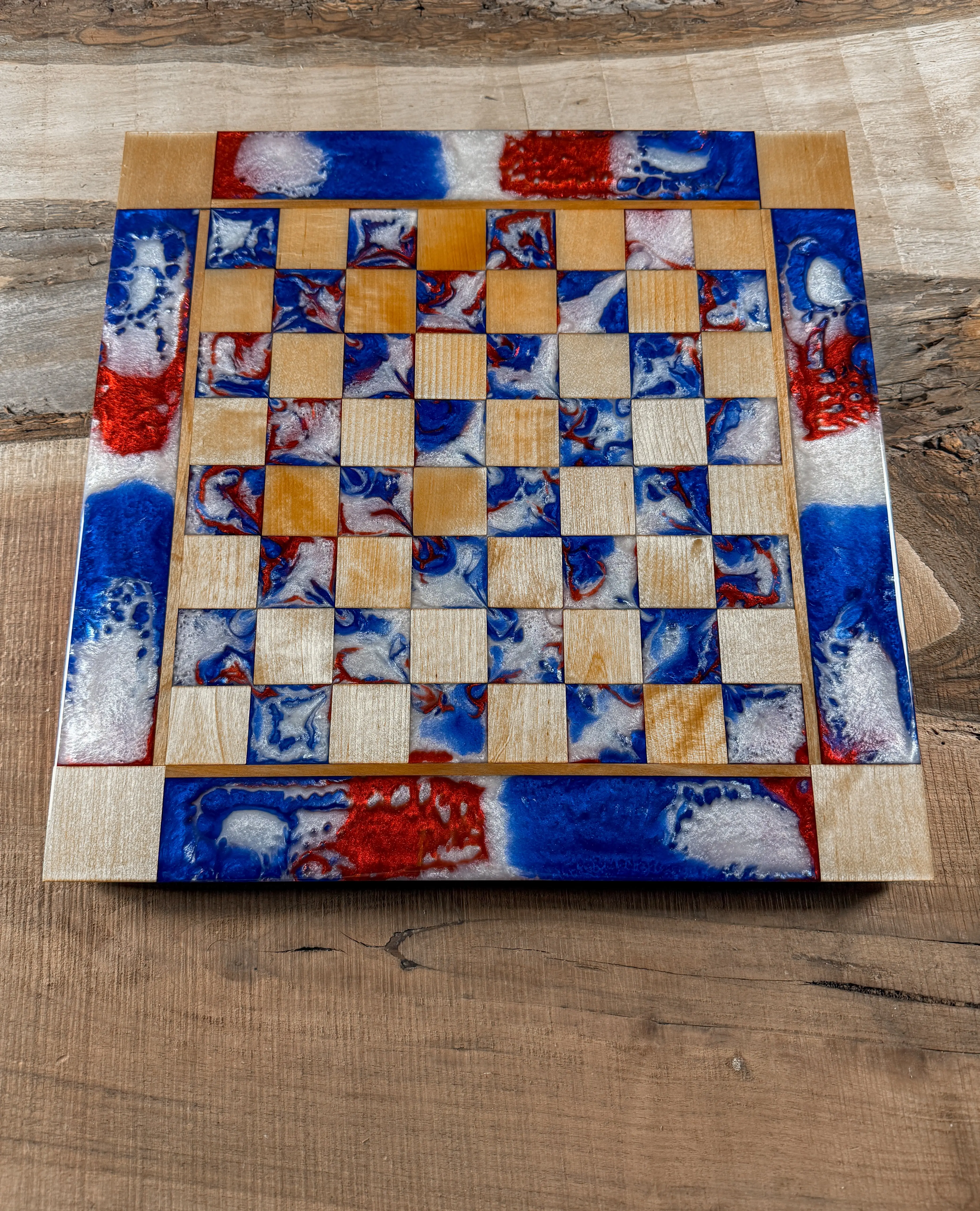 Red White & Blue Maple Wood Chess Board (INLCUDES PIECES)