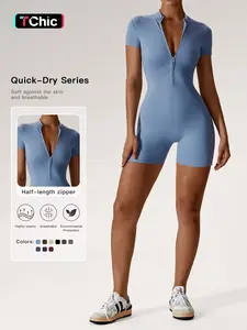 Sporty Women's Solid Color Zip Up Half Placket Mock Neck Sports Skinny Tummy Control Romper, Casual Sport Quick Drying Short Sleeve Bodycon Romper for Yoga Gym Workout Running, Sporty Comfy Jumpsuit Summer Outfits 2024