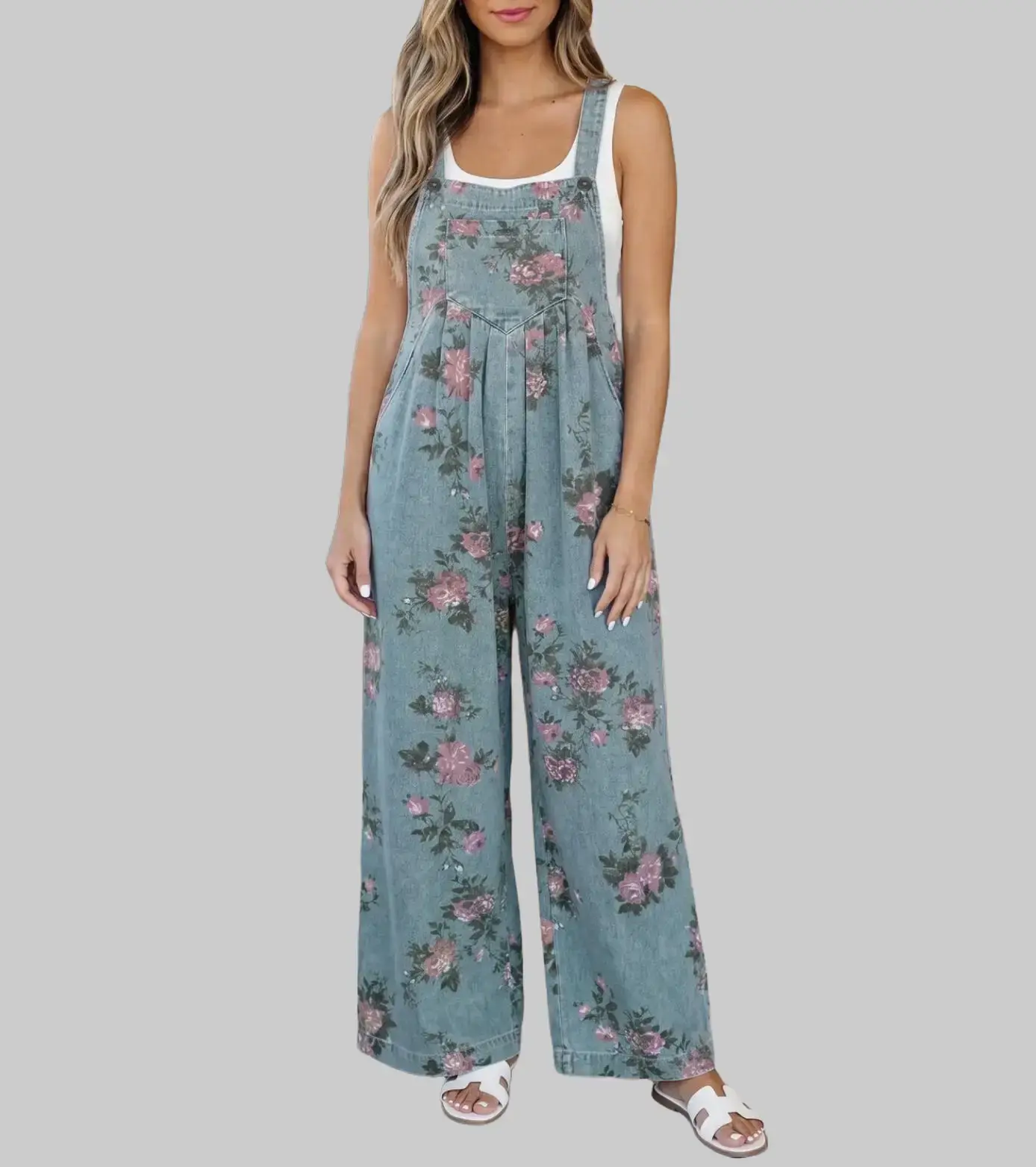 Women's Sleeveless Floral Vintage High-Waisted Pleated Wide Leg Denim Overalls, 50% Polyester 50% Cotton Breathable Fabric, Adjustable Straps, Comfortable Fit, Overalls for Women,summeroutfits,vacationoutfits,bathingsuitwomenset,beachoutfits
