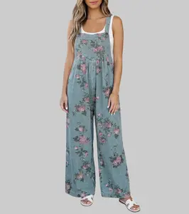 Women's Cute High-Waisted Vintage Jumpsuit Flower Print Pleated Wide Leg Denim Overalls, 50% Polyester 50% Cotton Breathable Fabric, Adjustable Straps, Comfortable Fit