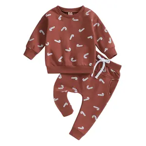 Kids Infant Toddler Baby Girl Boy Christmas Outfits Cartoon Candy Cane Print Long Sleeve Sweatshirt Tops Elastic Waist Pants Set Cute Sweatsuit Clothes